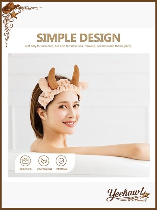 2-Pack Animal Face Wash Headband Set Cow Devil Horns Soft Coral Fleece Hair
